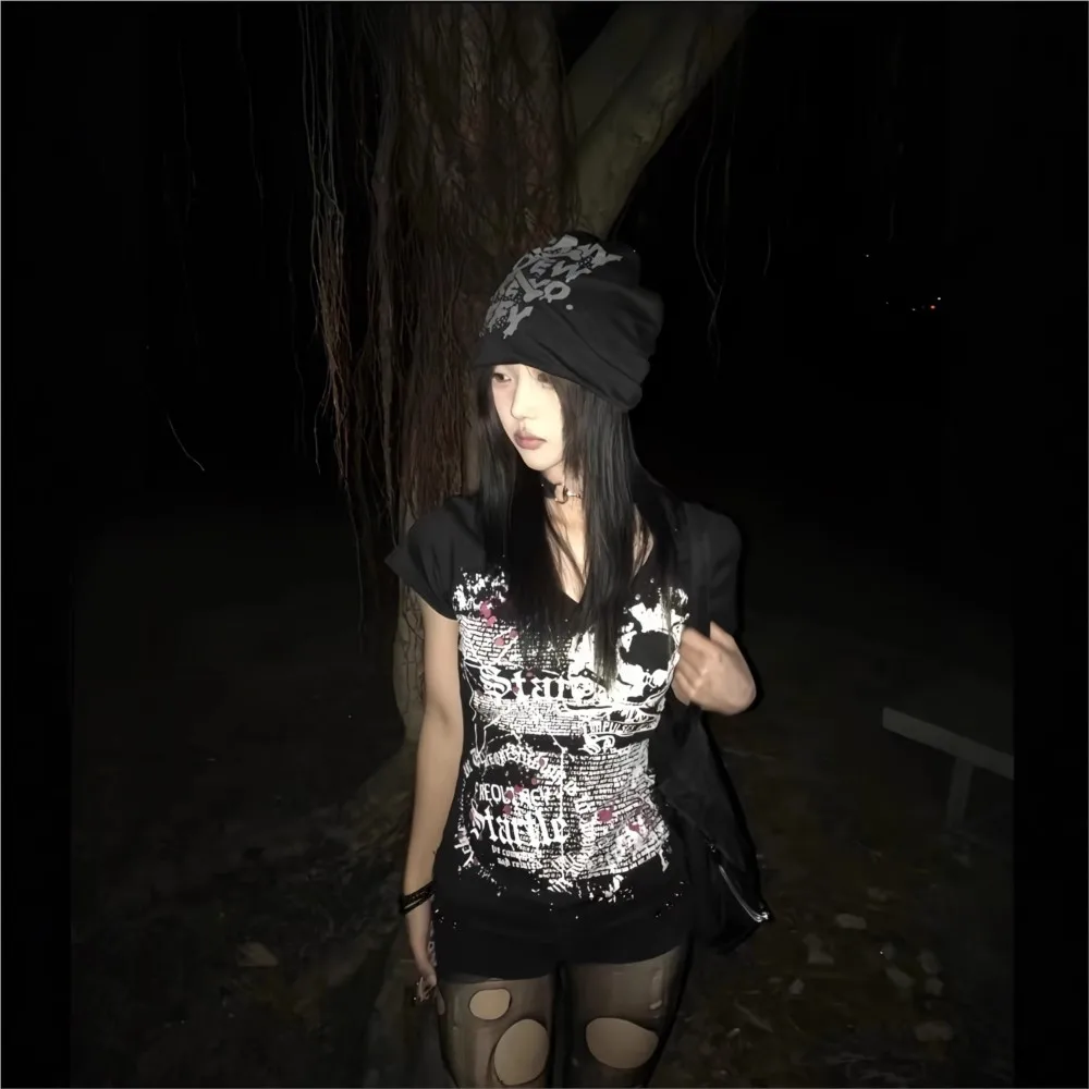 

2026 Trendy Blusas Short Sleeve Tops T Shirt Tees Women's Clothing Street Style Y2k Clothes Slim Retro Backless Printed Hot Girl