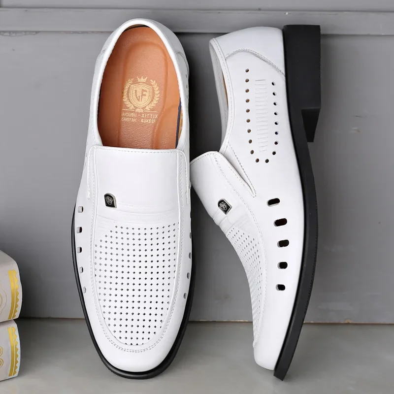 Zapatos informales de piel auténtica para hombre, calzado transpirable de marca, color blanco y negro, KA4499, verano, 2024