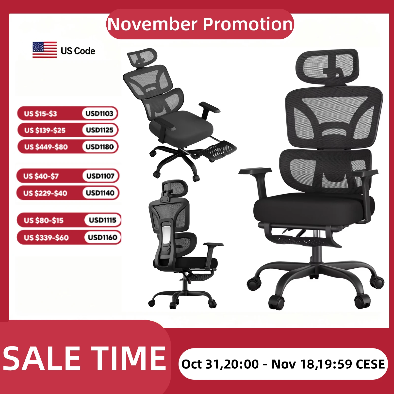 Ergonomic Office Chair High Back Mesh with 2D Adjustable Headrest Retractable Footrest 66° Rotating 2.6' Lifting Thick Sponge Seat Lumbar Support Quiet Swivel Casters for Home Office