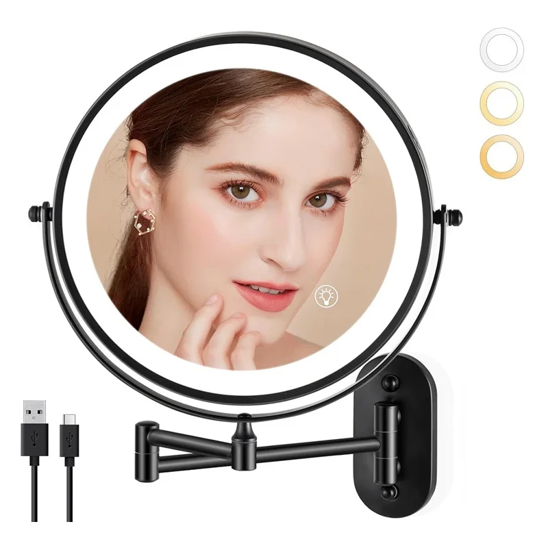 

8-дюймовое настенное зеркало для макияжа с подсветкой, двухстороннее зеркало для ванной комнаты с 10-кратной увеличительной подсветкой, удлиненное вращение на 360 градусов
