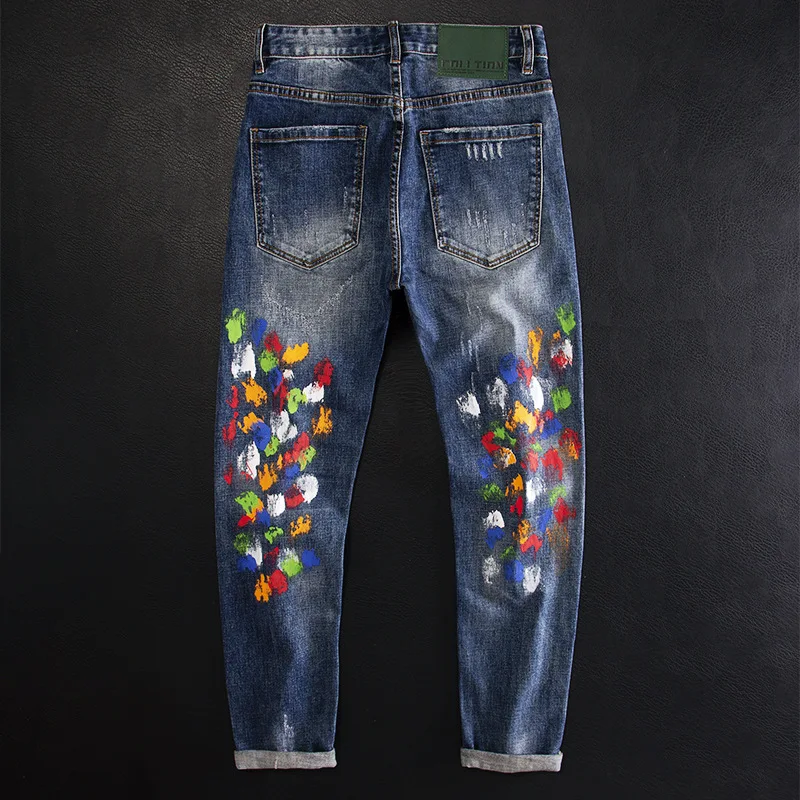 High-end Paint-splashed Colorful Graffiti Jeans for Men Slim Fit Stretchy European and American Style Fashion Streetwear Handsom