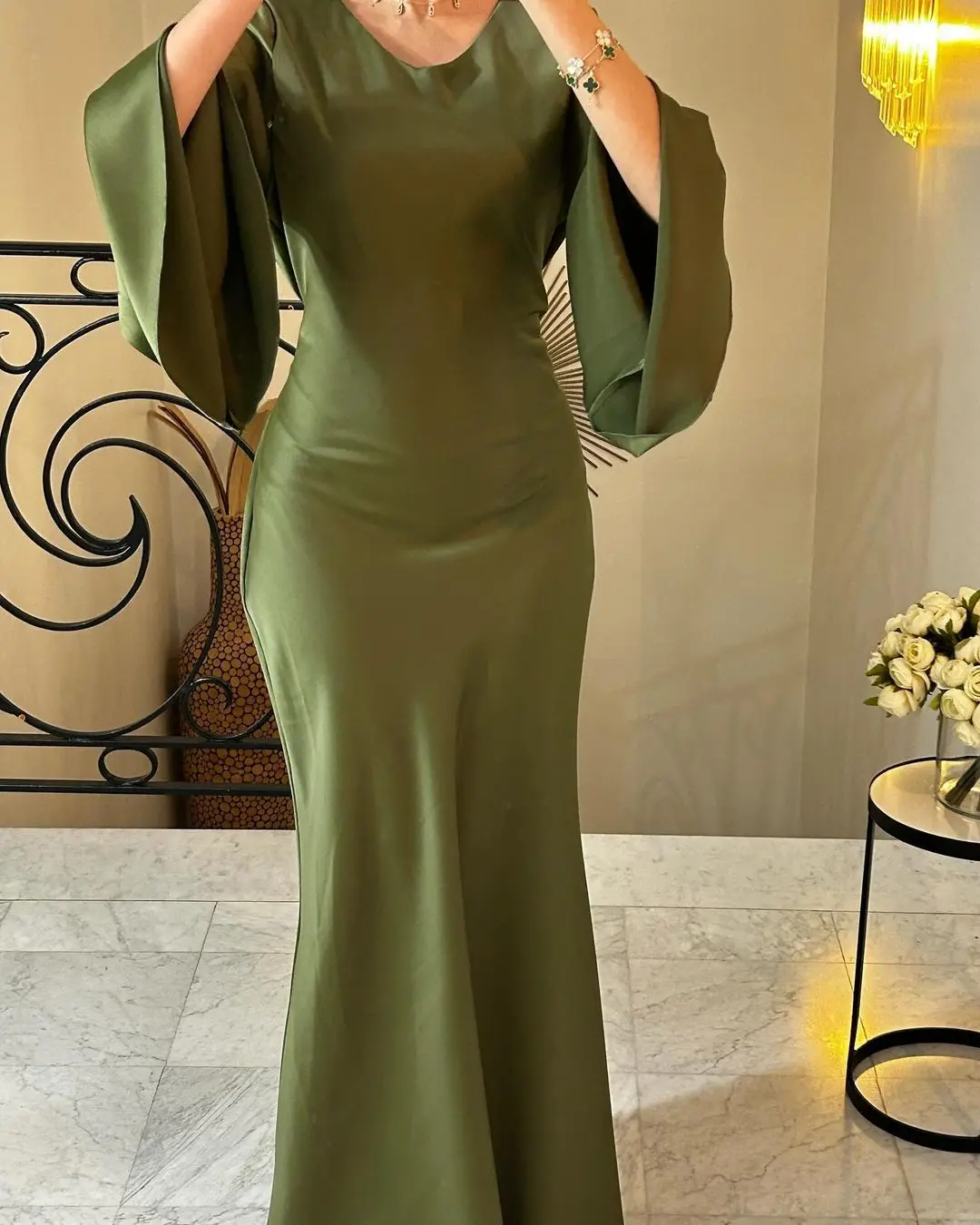 

FLORINE TULIRAIN O-neck Full Sleeve Sheath Green Court Train Zipper Up Wedding Evening Dress Cocktail Prom Gown For Sexy Women