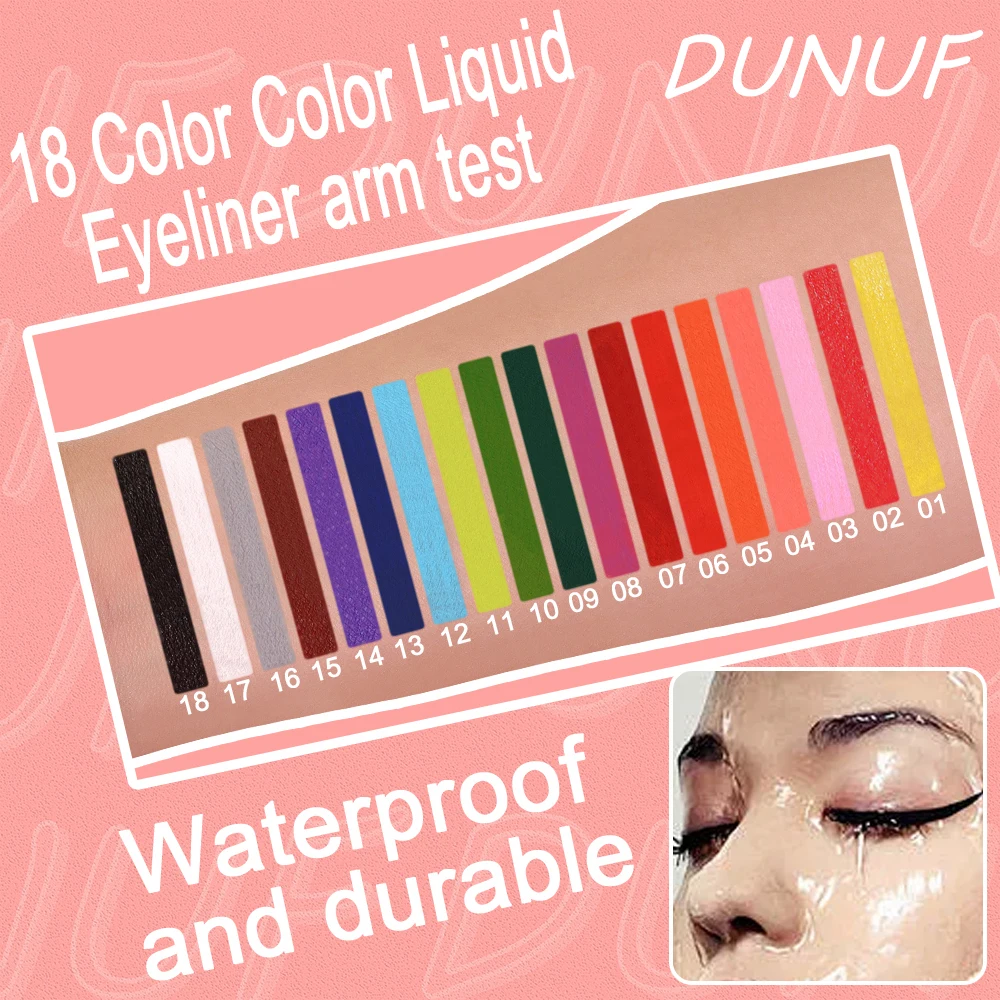 Dunuf delineador líquido colorido de 18 cores, à prova d'água, de longa duração, secagem rápida, azul, verde, amarelo, cosméticos de beleza