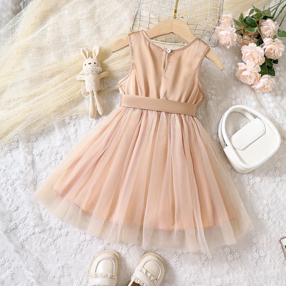 Summer New Sleeveless Tank Top Apricot Bow Spliced Mesh Solid Color Dress For Primary And Secondary School Girls