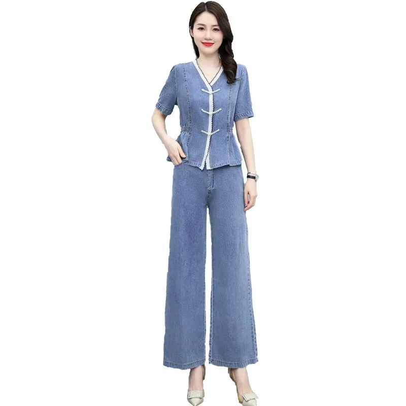 One Piece/Set Ice Silk Denim 2PCS Women 2024Summer New Cowboy Suit Casual Jacket Outfit Thin Wide-Leg Pants Two-Piece Female Top