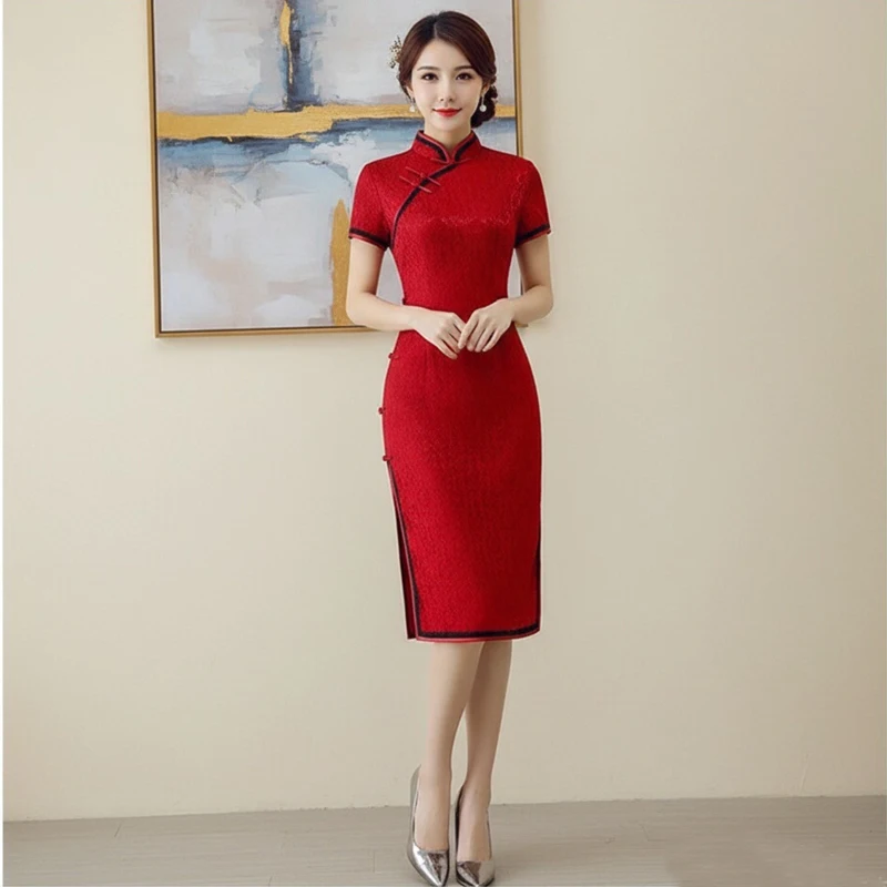 

summer cheongsam mid-length red green pink lace dress from china with sleeves elegant evening dresses curvy luxury woman qipao
