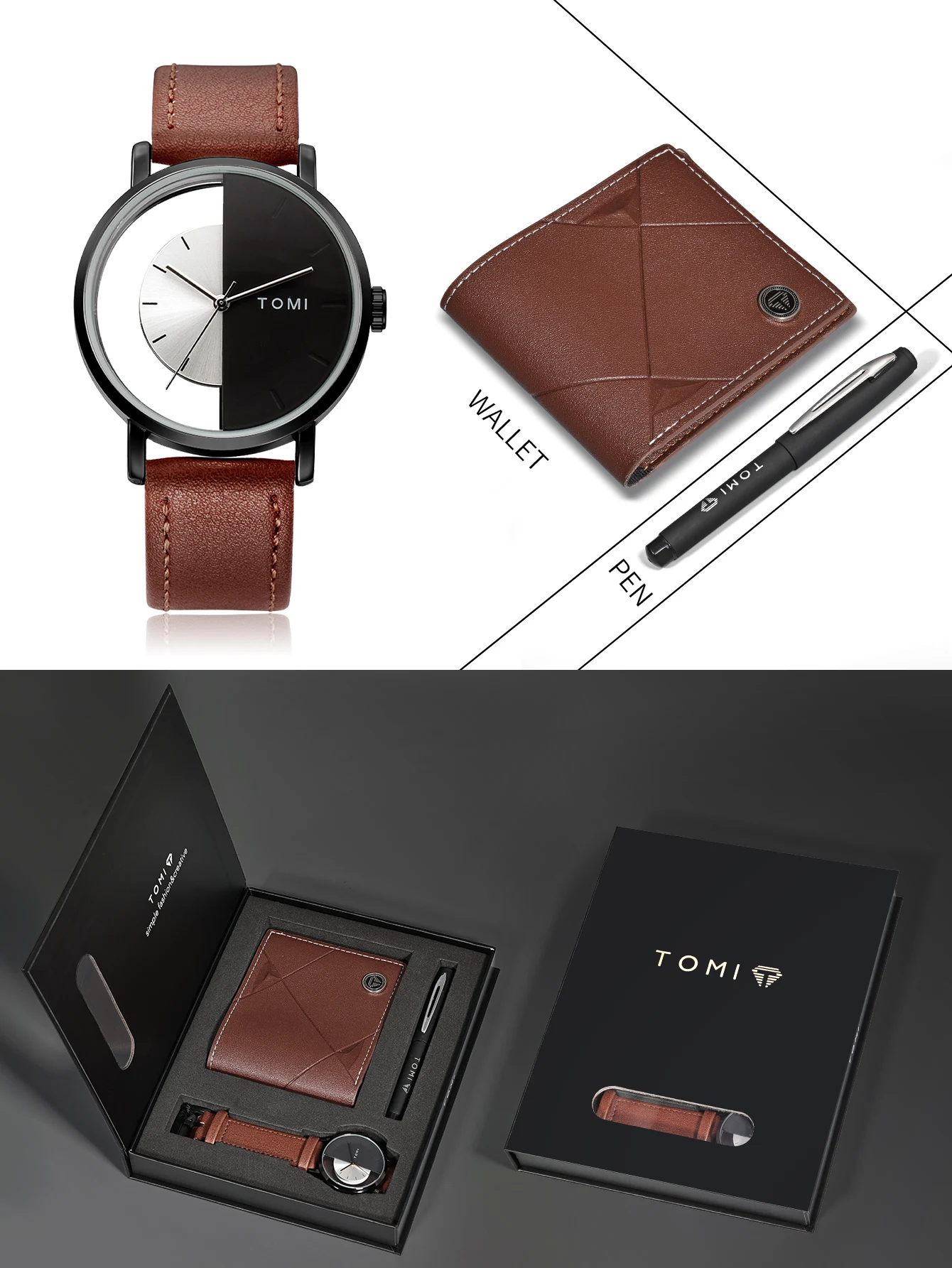 TOMI 3PCS Luxus Business Geschenk Box Set Männer Uhr Brieftasche Einfache Freizeit Kreative Hohl Zifferblatt Männer Quarzuhr Uhr uhr Geschenke – Detail 8
