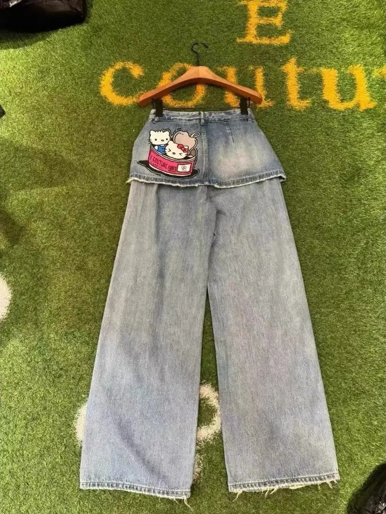 مرحبا كيتي خربش طباعة قطعتين تنورة السراويل النساء 2025 خمر غسل الدنيم الطبقات هيم التفاصيل Y2K لطيف لباس غير رسمي