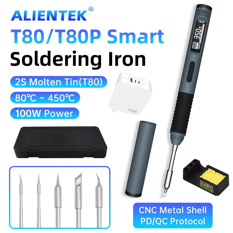 ALIENTEK T80 Smart Soldering Iron PD 100W Adjustable Constant Temperature Portable T80P Electric Welding Repair Tools C210 C245