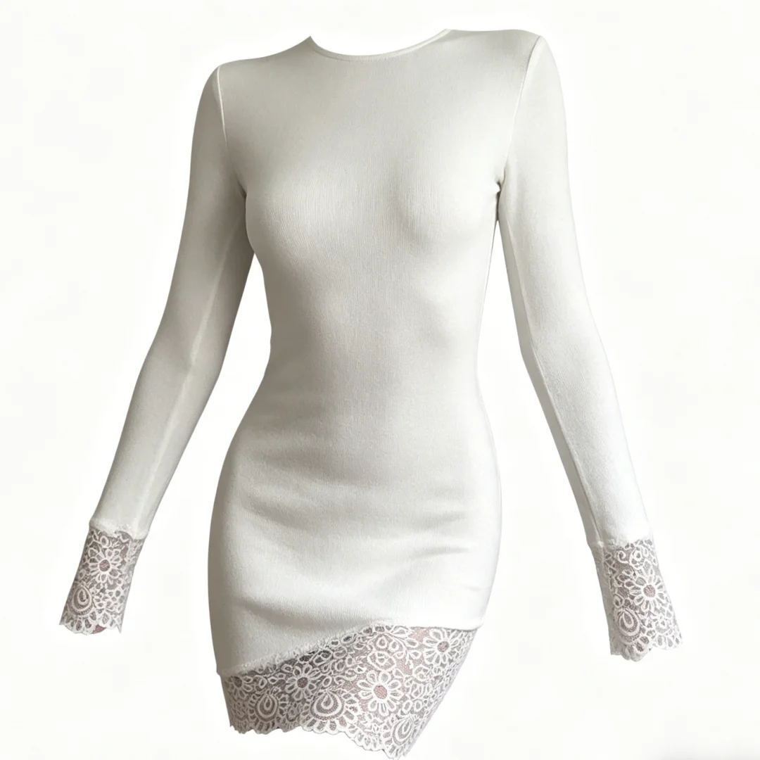 

Lace Trim Long Sleeve Bodycon Mini Dress Women 2026 Lace Detail & Bodycon Silhouette Y2K Retro Elegant Aesthetic Streetwear