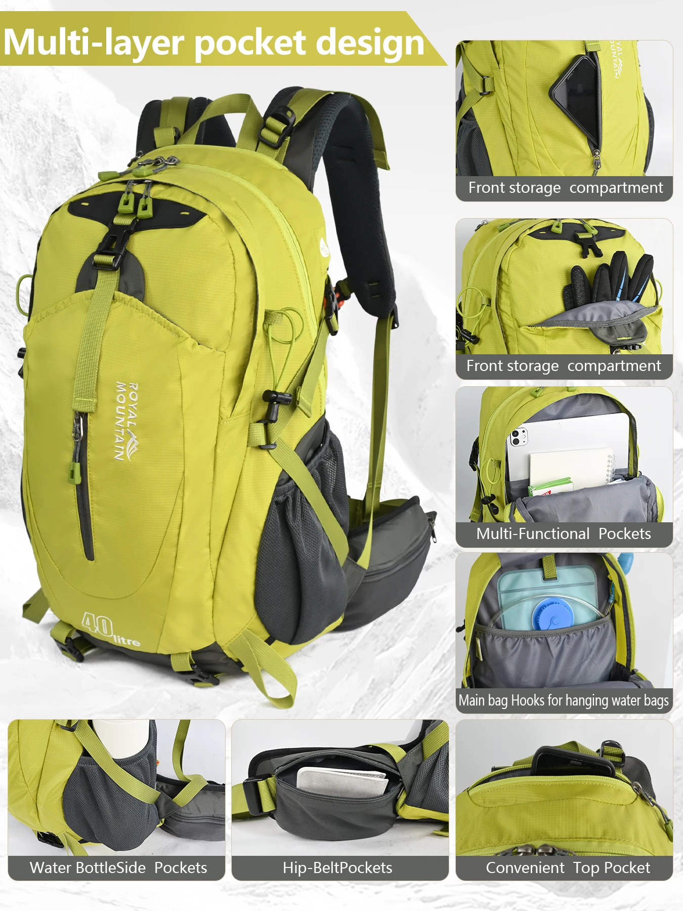 40L Outdoor-Wanderrucksack, Bergsteigen, leicht, atmungsaktiv, funktionell, vorne offene Tasche, wasserabweisende Nylontasche – Detail 4