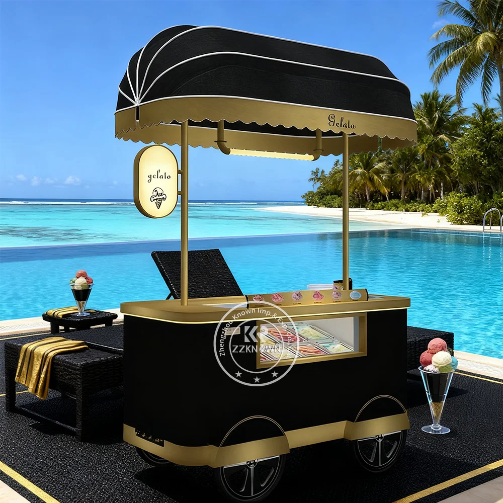 Mobile Freezer Ice Cream Cart Fruit Cart with Sink Ice Cream Display Case on Wheels