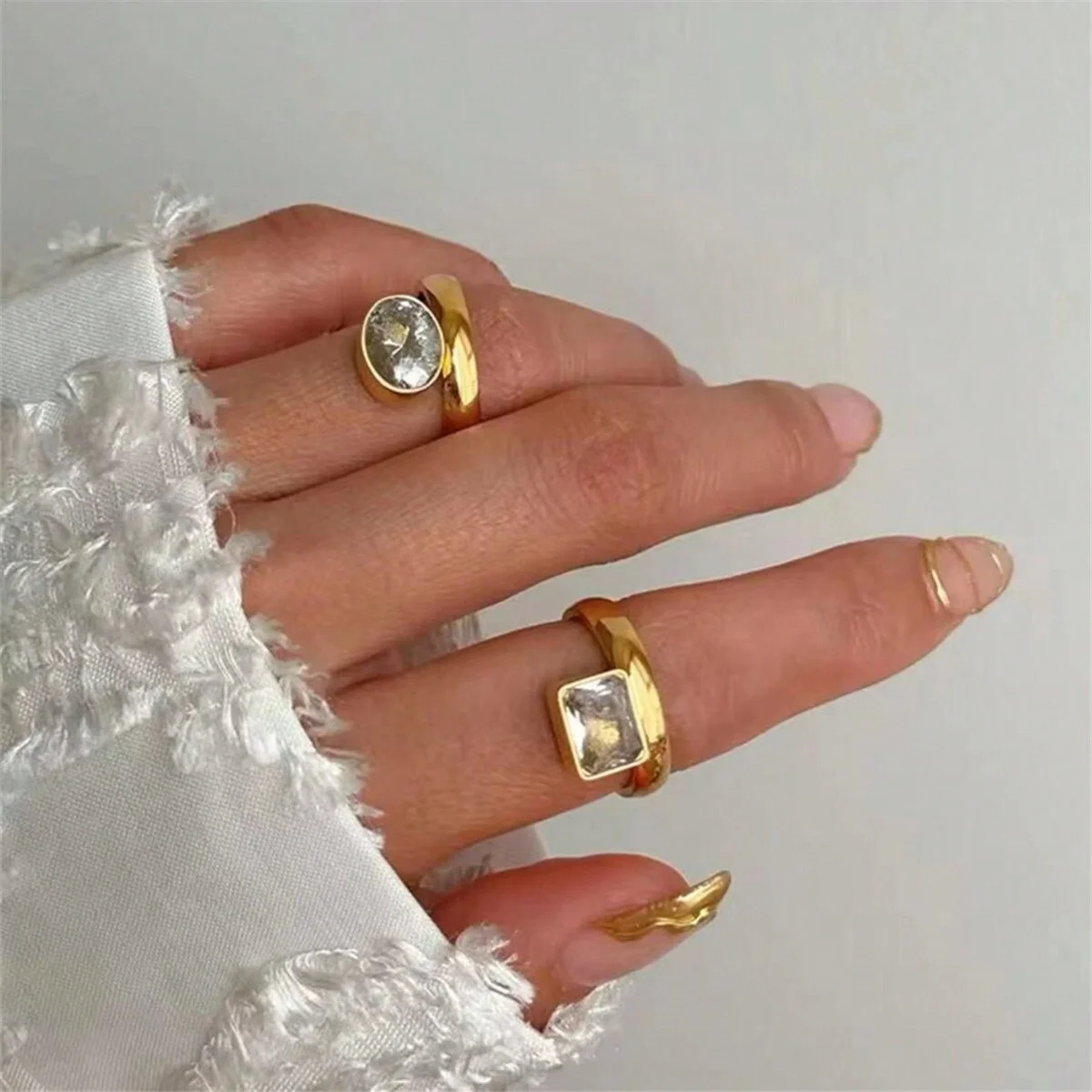 Vintage 18K Gold Plated Stainless Steel Zircon Triangular Square Oval Ring for Women Fashion Party Gift