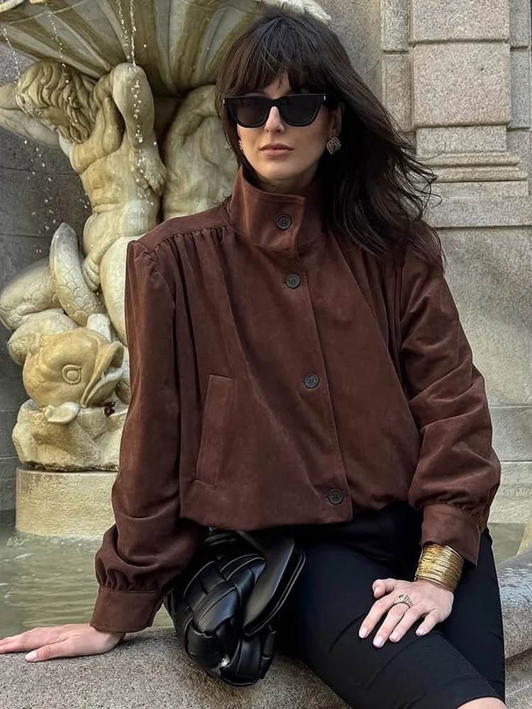 HH Women 2025 Autumn Vintage Suede Pleated Jacket Female Temperament Turtleneck Single-breasted Pockets Casual Short Coat