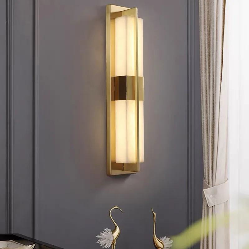 New Chinese Style Long Wall Lights Stone Lampshade Gold Black Metal Frame Bedroom Living Room Hallway Tv Background Home Sconces