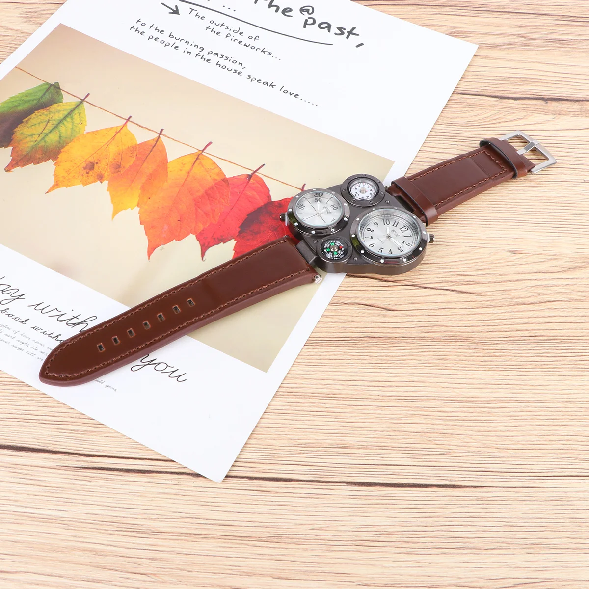 Multi-Dial Double Movement Quartz Sports Wrist Watch Black Case Deep Coffee Band Outdoor Compass Thermometer Watch Men