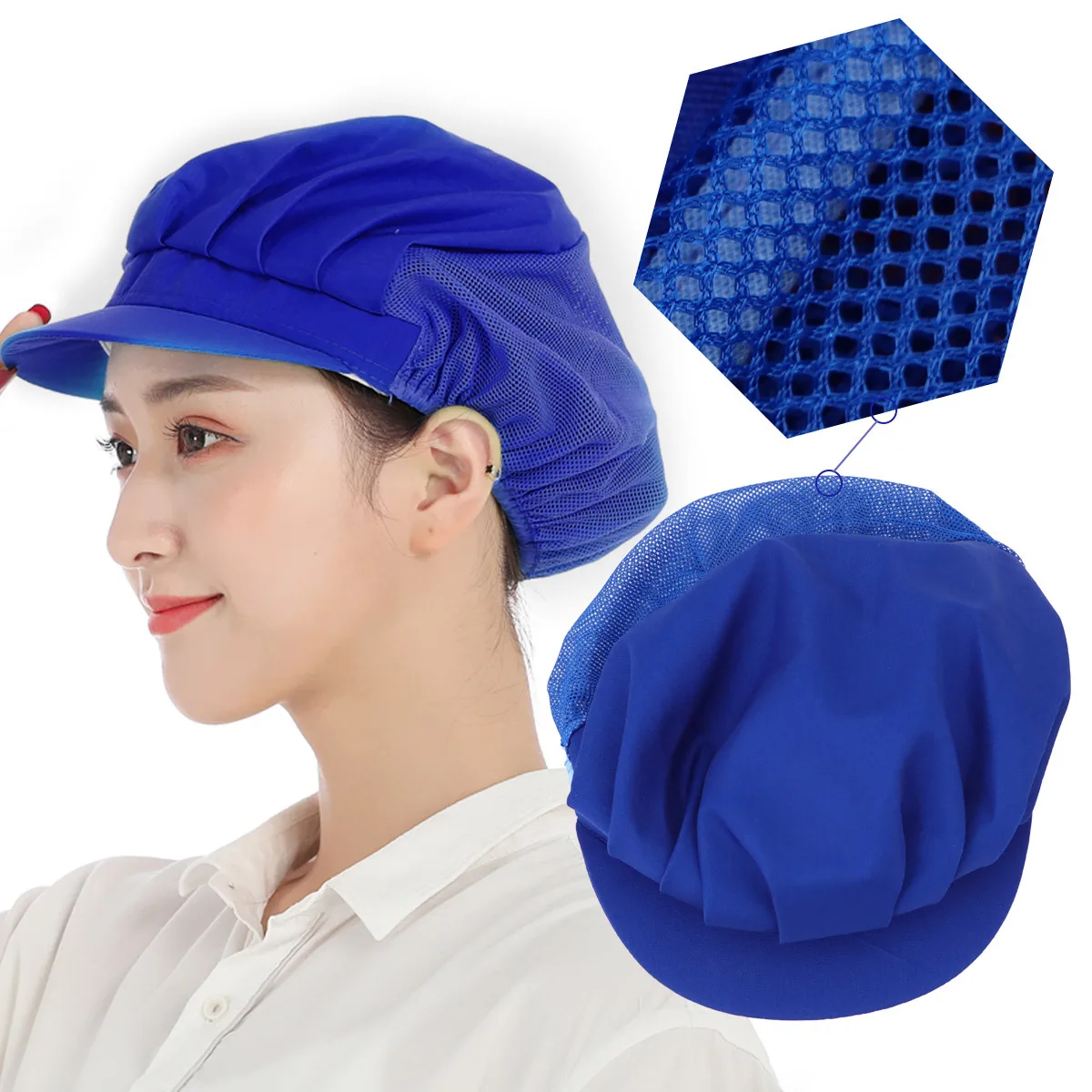 Koksmuts Blauwe ademende mesh-werkhoed Stofdichte beschermkap Voedselworkshop voor heren Dames Mesh-werkpet