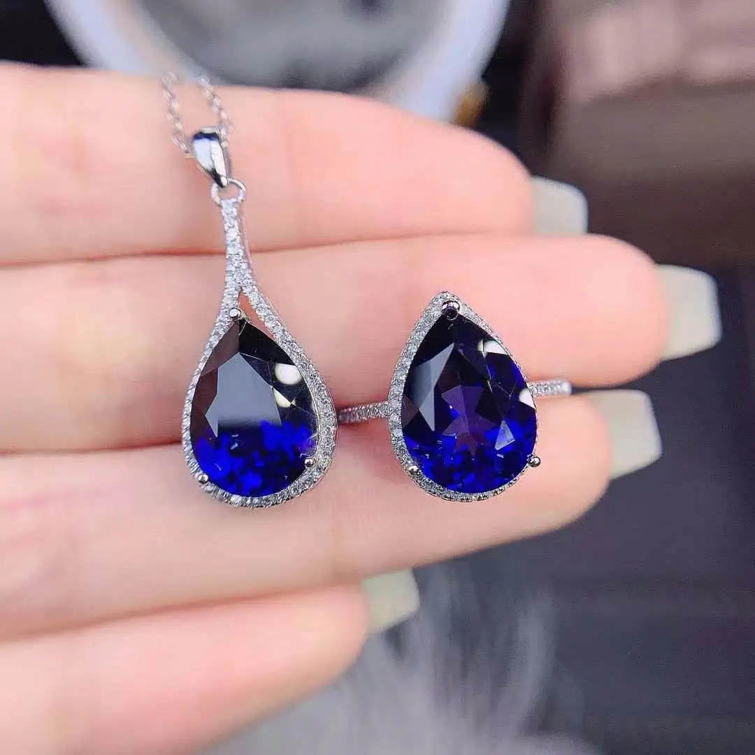 100% Natural Real Sapphire Jewelry Set Big Stone 10*14mm 925 Sterling Silver 1pc ring,1pc pendant