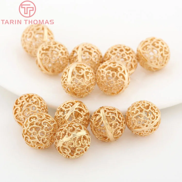 (2879)10PCS 8MM 10MM 12MM 24K Gold Color Plated Brass Hollow Pattern Round Beads High Quality Diy Jewelry Accessories