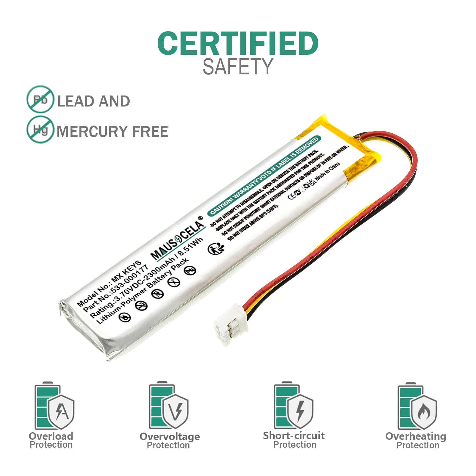 Keyboard Battery For Logitech:MX KEYS,YR0073,K800,533-000177,802085P , 2300mAh / 8.51Wh , Li-Polymer , 3.70V