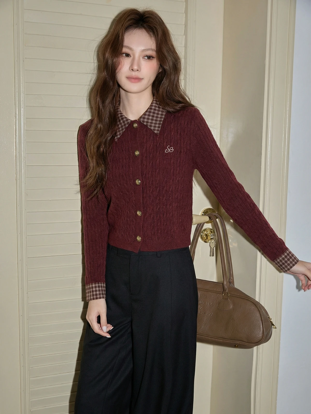 

Korean Sle Women's Knitted Cardigan ort Plaid Splicing Turn-down Collar Fake Two-Piece Spring New Design Soft Long Sve