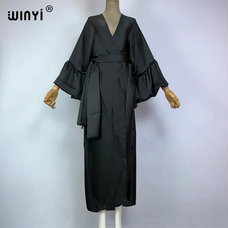 WINYI monocolour Self Belted silk dress Women Elegant Summer holiday Bubble sleeve cardigan beach Wear Swim Suit cover up kimono