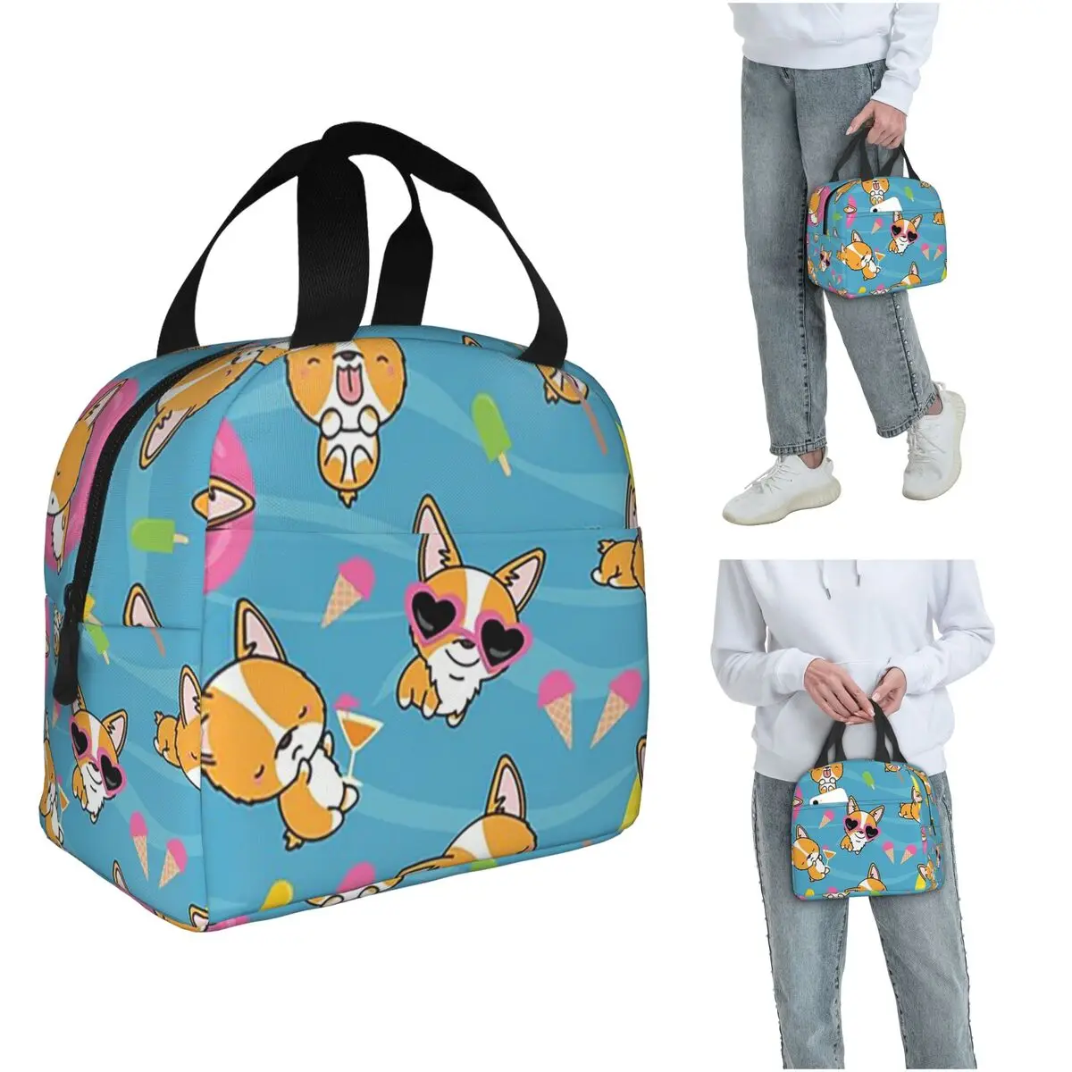 Corgi Beach Coconut Tree Pattern Insulated Lunch Bag for Women Kids Portable Food Boxes Thermal Lunch Box Tote