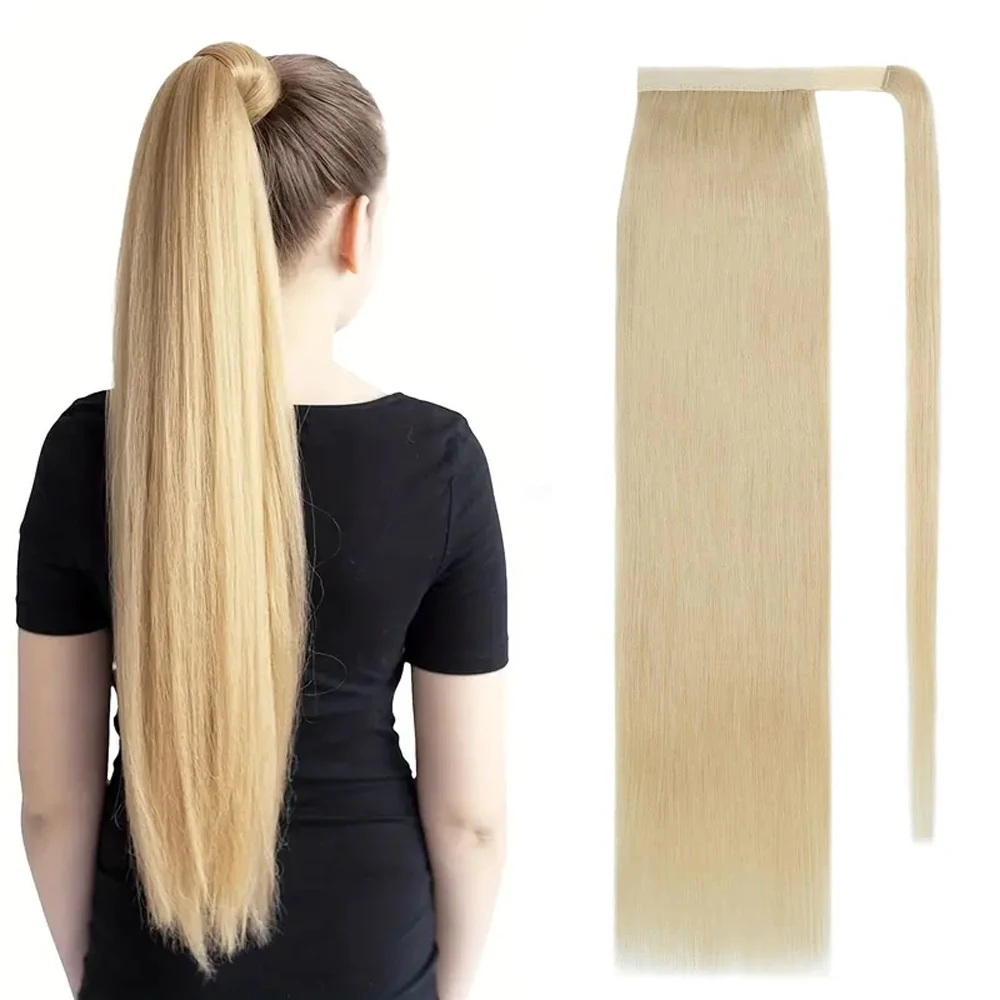 Ponytail Hair Extension With Magic Paste 100% Real Human Hair Natural Pony Tail Straight One Piece Hairpieces Bleach Blonde #613