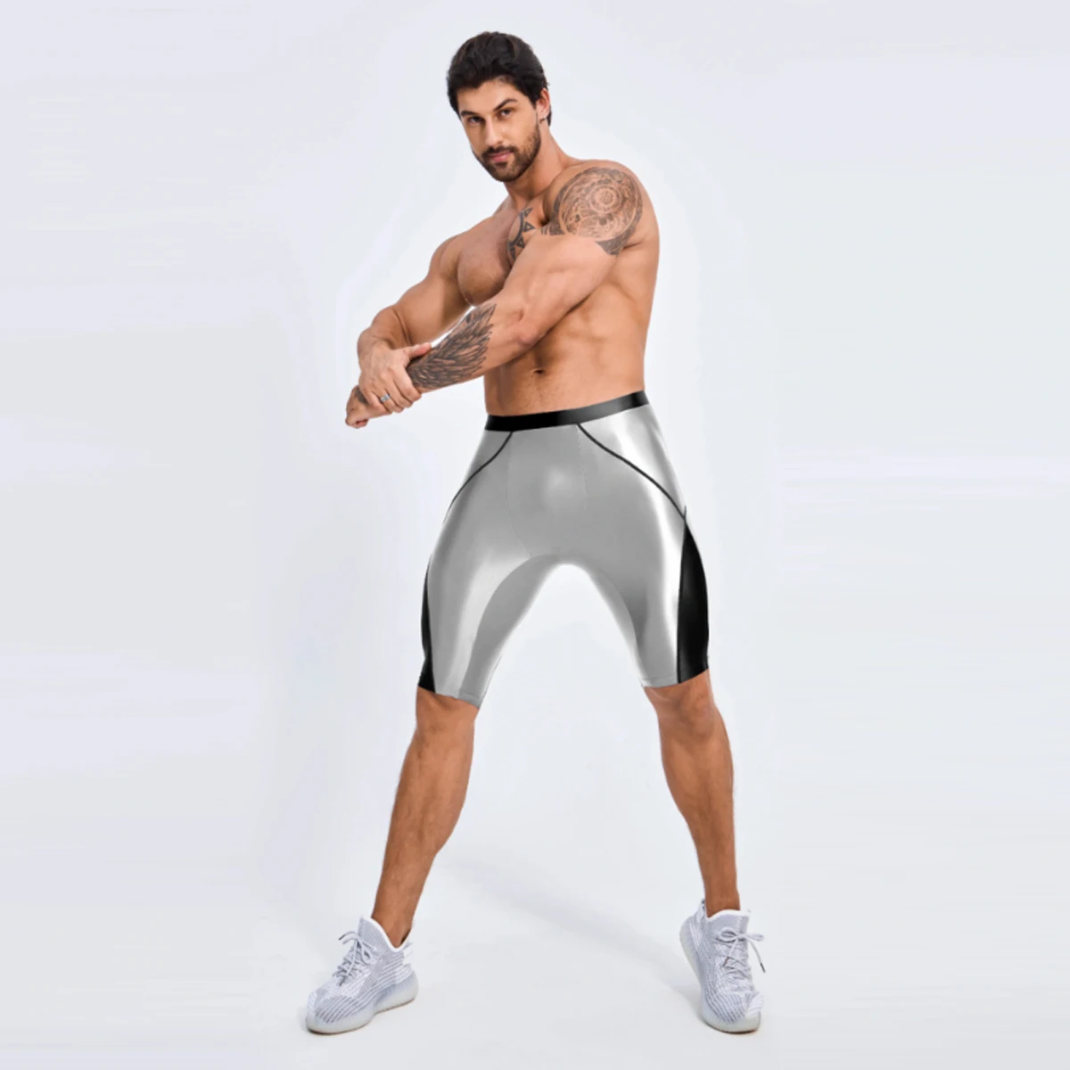 AMORESY Men Oil Glossy Satin Spandex Patchwork Knee-length Elastic Waisted Athletic Shorts Casual Fitness Wrestling Sports Pants