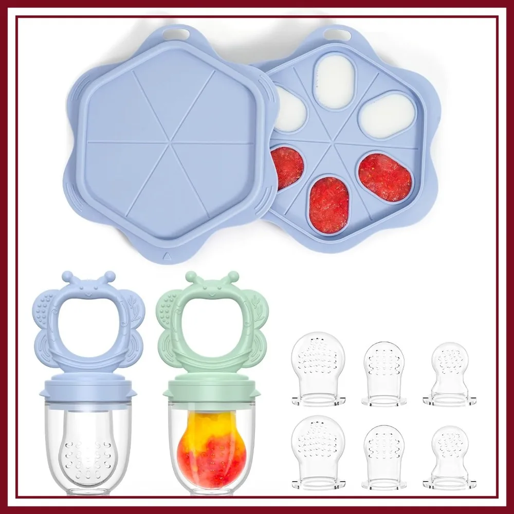 Silicone Baby Fruit Food Feeder (2 Pack) with Freezer Tray, Breastmilk Popsicle Molds for Teething Relief, Safe Self Feeding, BPA Free, Dishwasher Safe, 3M+