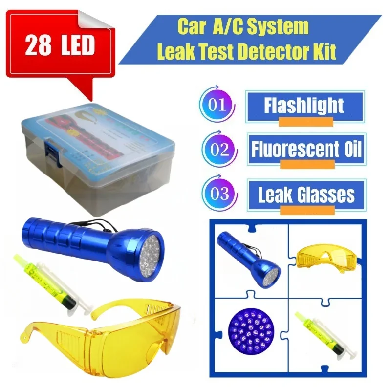 Car  Air Conditioning A/C System Leak Test Detector Kit 28 LED UV Flashlight  Glasses Fluorescent oil Tool Set