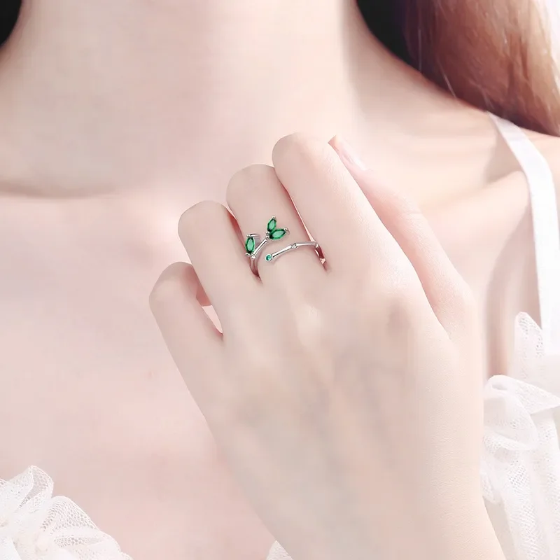 

925 Stamp Silver Color Green Crystal Leaves Ring for Women Girl Gift Bamboo Bud Branch Party Jewelry Dropshipping Wholesale