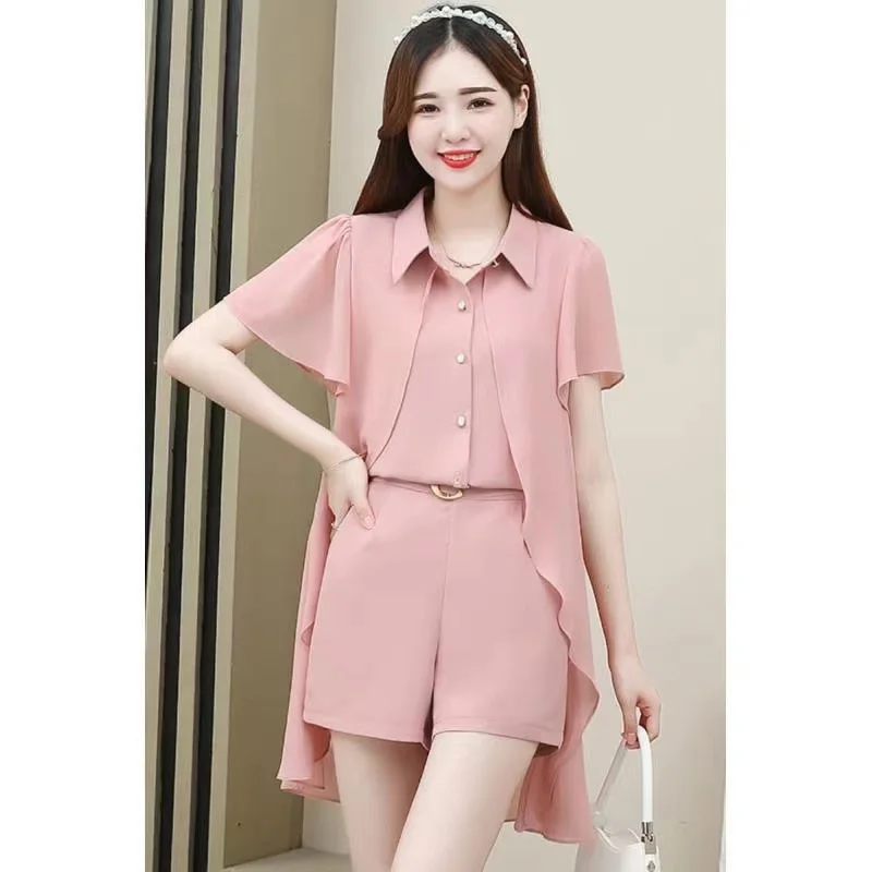 Pink Blazer Suit Shorts Set Women\'s 2024 Summer Chiffon Shirt Fashion Slim Fit Stylish And Casual Two-Piece Suit Jacket Women