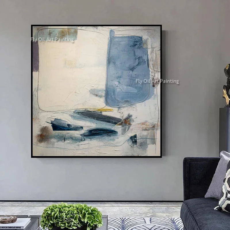 Blue Cream Geometric Abstract Thick Oil Painting Handpainted Original Impasto Canvas Wall Art For Home Decor