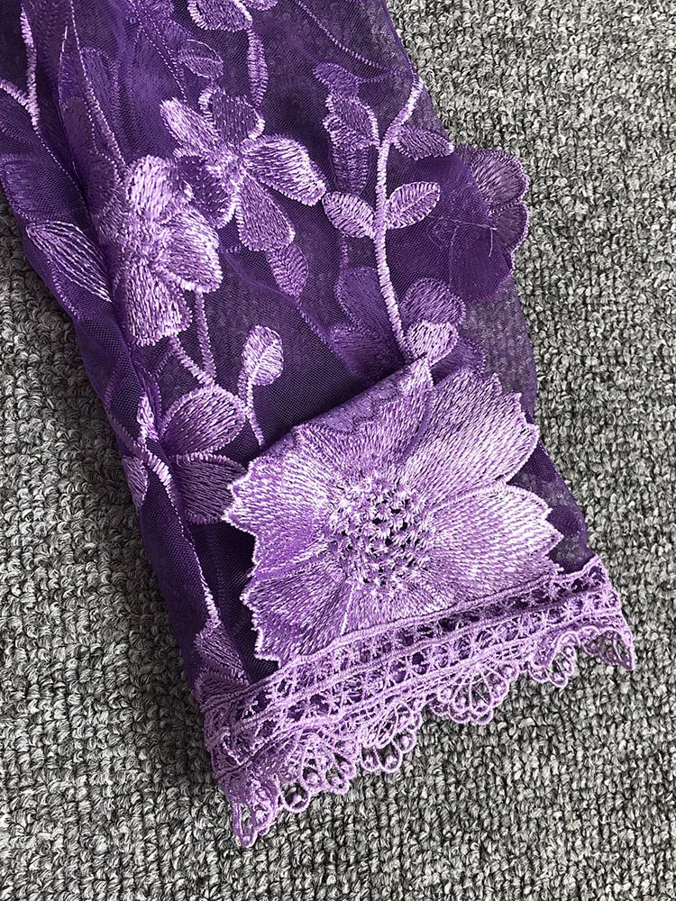 VC Purple Flower Embroidered Short Dress O Neck Log Sleeves High Waist Floral See Through Cocktail Party Eveing Gown