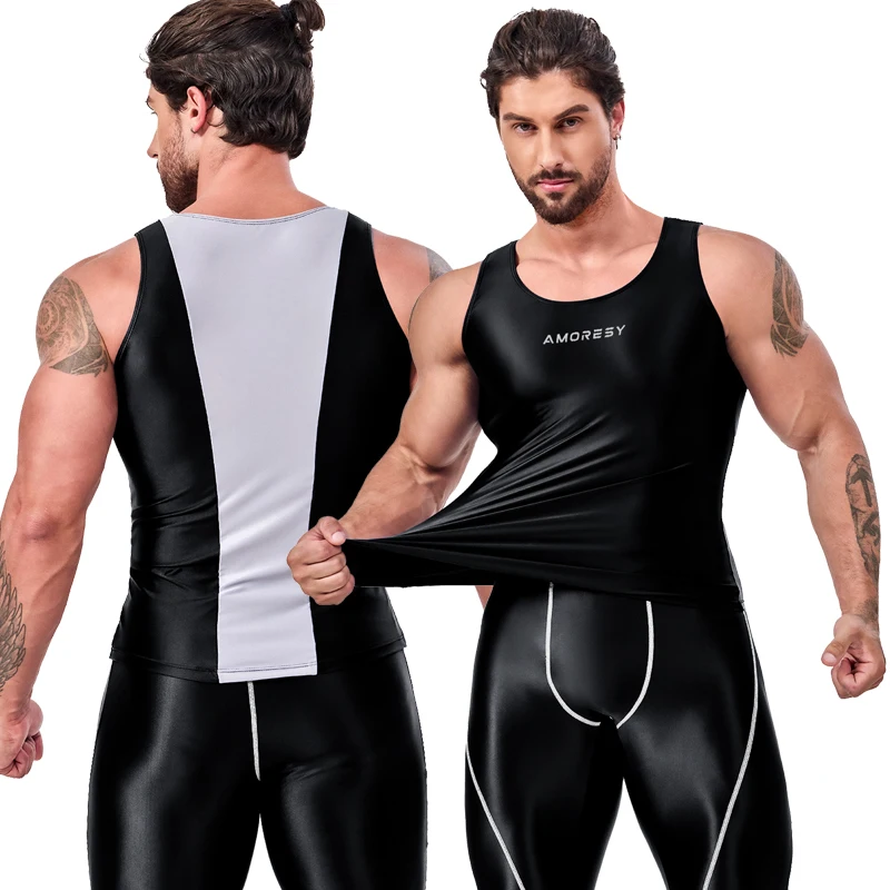 Fashion Spandex elasticity Tight Sports Hurdle Vest Men's satin glossy Running Breathable Tank  swimsuit man