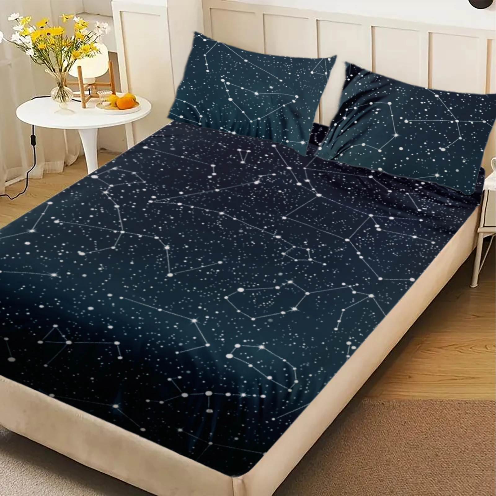 1pc Constellation Star Map Fitted Sheet Galaxy Starry Sky Print Deep Pocket Elastic Mattress Cover,No Pillowcase Bedroom Bedding