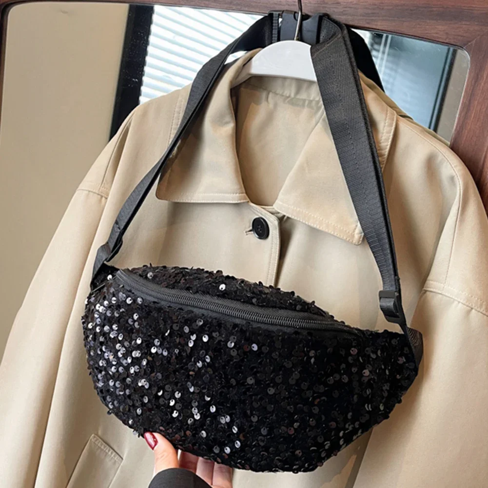 Sequin PU Leather Chest Bag for Women Trendy Crossbody Bag Sling Banana Bag Shiny Shoulder Bag Phone Waist Bag Handbags Purse