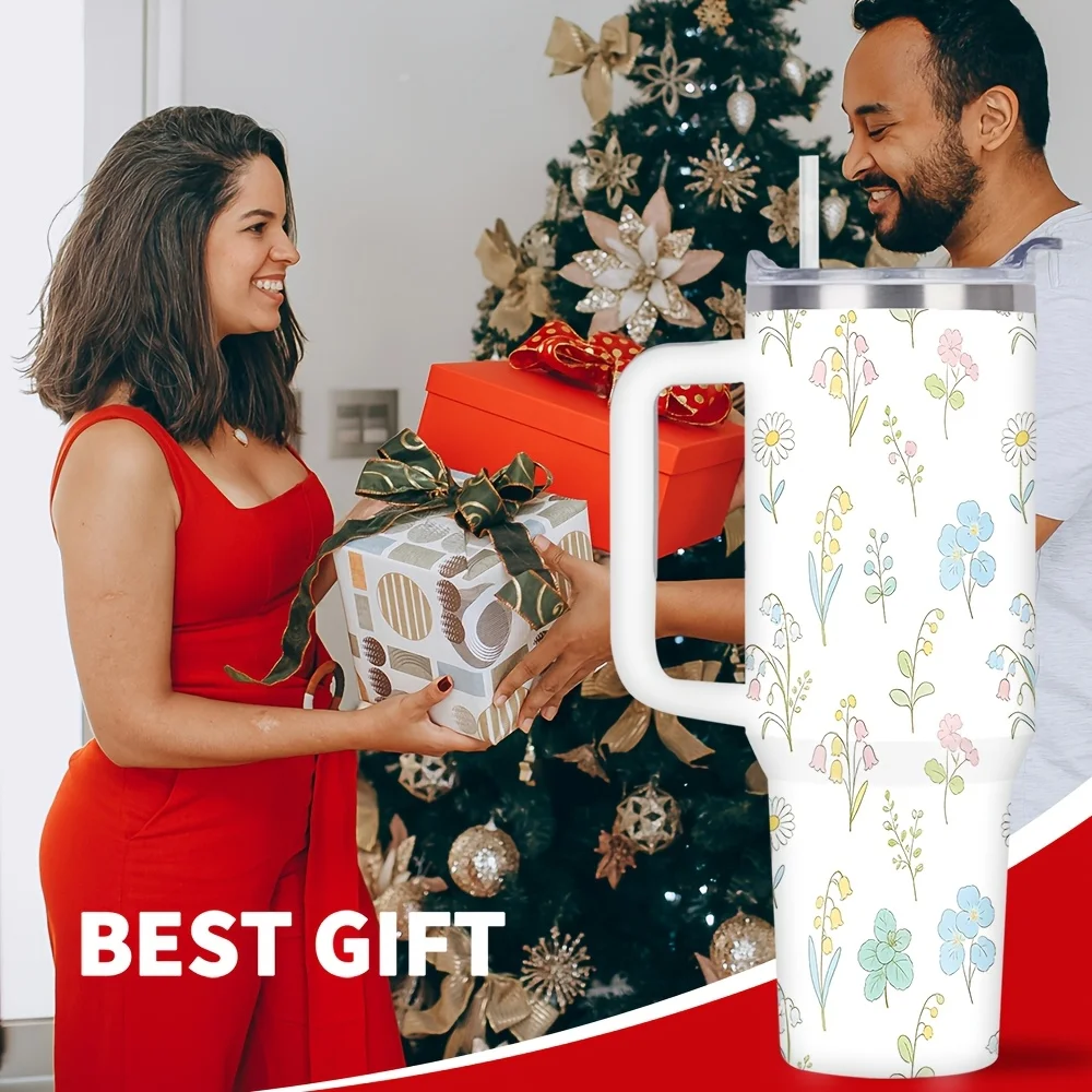 1pc/40oz/1100ml/Double Wall Insulated Stainless Steel Tumbler with Lid And Handle,Coffee Travel Mug,Floral Pattern with 'Love You Mom' Message for Mother's Day Gifts,Perfect for Birthday And Holiday Parties,Warm Gifts for Family And Friends