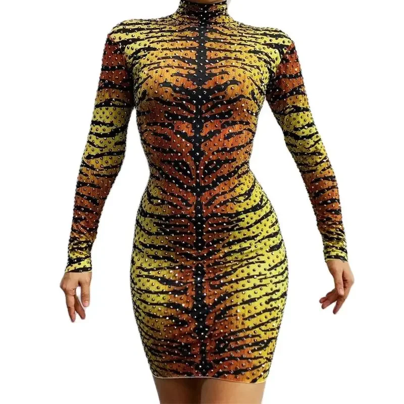 Women Dance Costume Long Sleeves Animal Pattern Diamonds Dress Birthday Celebrate Outfit Stage Singer Dancer Prom Dresses XS1121