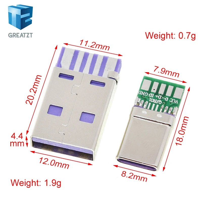1/5Set PD Fast Charge Type-C USB 65W 5A  Male Connector Welding With 5Pin PCB + Type A Male 5Pin USB DIY OTG Data Charge DIY KIT
