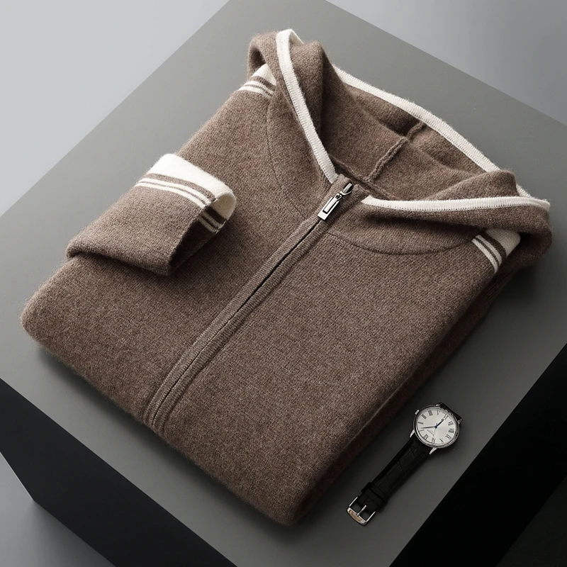 Winter 100% Pure Wool Cardigan Men's Hooded Sweater Loose Casual Plus Size Knitted Coat Cashmere Sweater