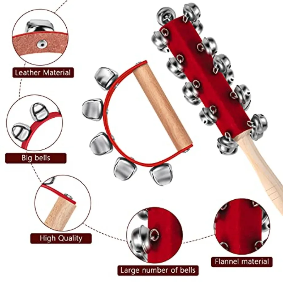 Boao 5 قطعة أجراس جلجل اليد لعيد الميلاد للبالغين مقبض خشبي أحمر شاكر مزلقة أجراس اليد الآلات الموسيقية لعيد الميلاد B