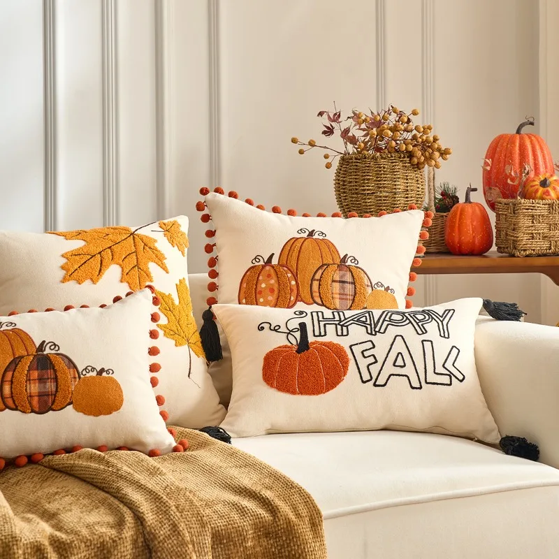 Autumn Harvest Multi‑Pattern Tufted Embroidery Pillowcase Pom Pom Tassel Design Farmhouse Sofa Cushion Cover