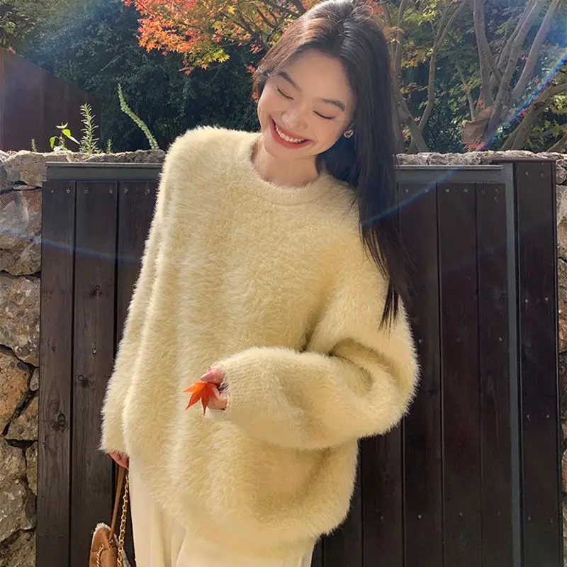 

Нежный темперамент, мягкий и пушистый свитер из искусственного норкового бархата, женский пуловер с круглым вырезом и длинными рукавами, топ