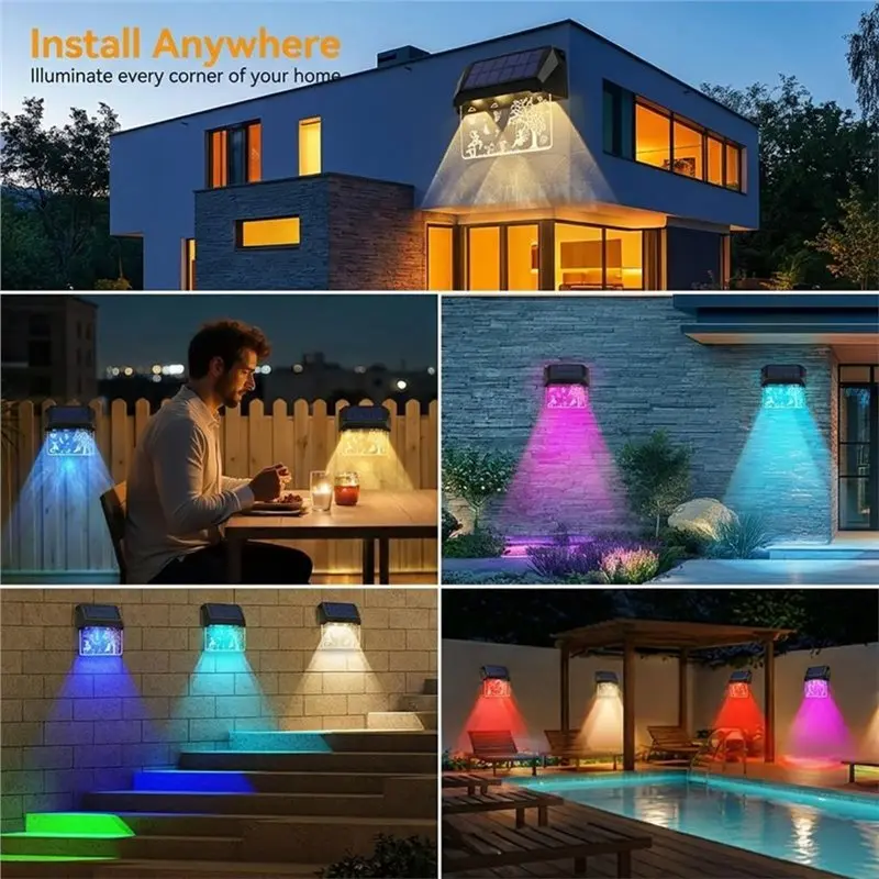 AB11-Solar Fence Lights Outdoor Waterproof LED 2 Pack Solar Fence Lights Color 3D Garden Decoration For Railing Deck Pathway