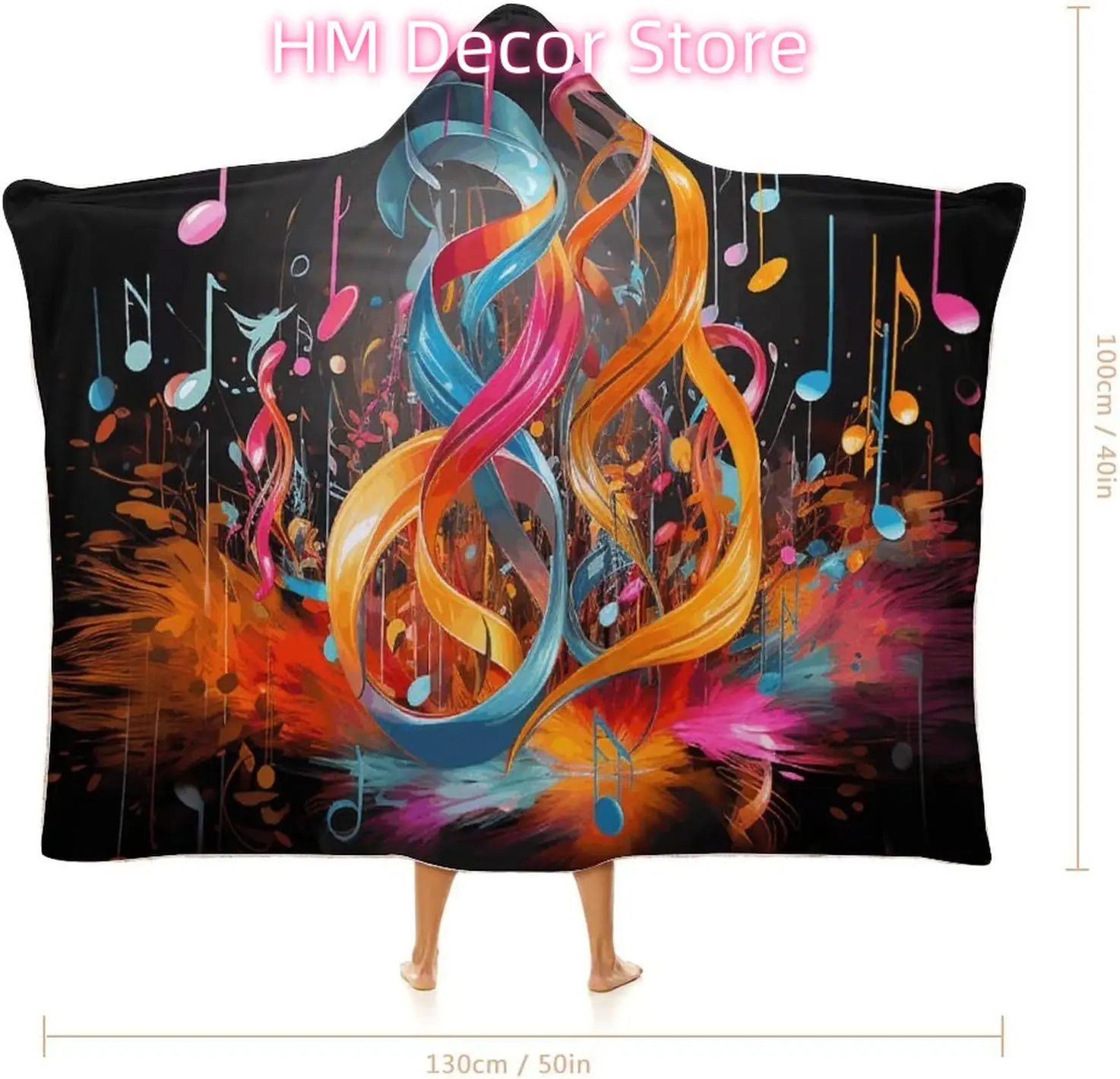 Colorful Musical Note Wearable Hooded Blanket, Ultra Soft Arctic Velvet Cape Cloak Unisex - Cozy Wearable Blanket