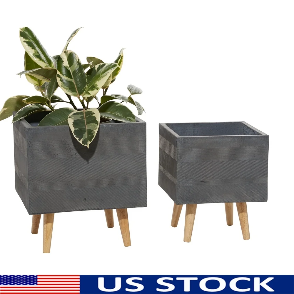 

Contemporary Grey Ceramic Planters Set of 2 Modern Outdoor Indoor Decorative Flower Pots with Wood Legs No Drainage Holes