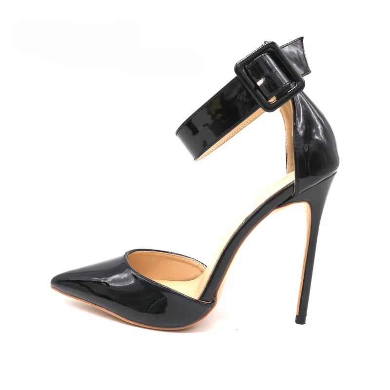 Black Patent Leather Pointed Hollow Belt Buckle Foot Ring with Bag Heel Women's 12cm Fine Heel Catwalk Cool Boots view 5