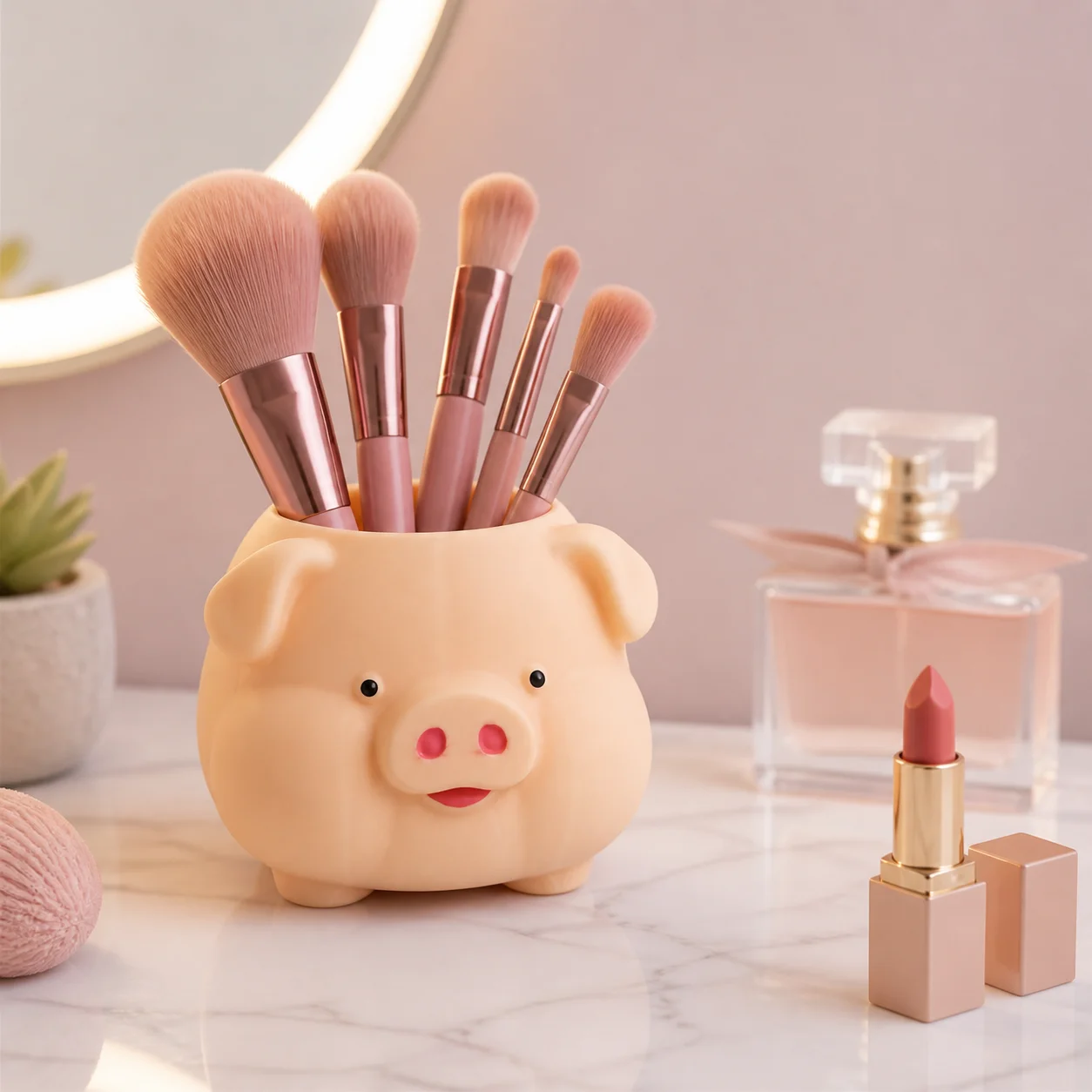 1pc 3D Printed Cute Piggy Storage Holder, Desktop Pen & Makeup Brush Organizer, Tabletop Decor Container, Space Saving